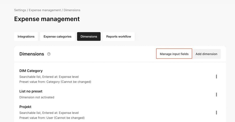 access to the Manage input fields dialog from the Dimensions tab